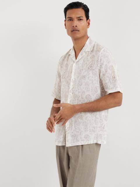 Brunello Cucinelli Paisley linen short sleeve easy fit shirt with camp collar
