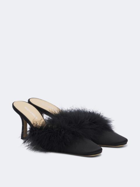 MACH & MACH Carolyn feather-trimmed satin mules
