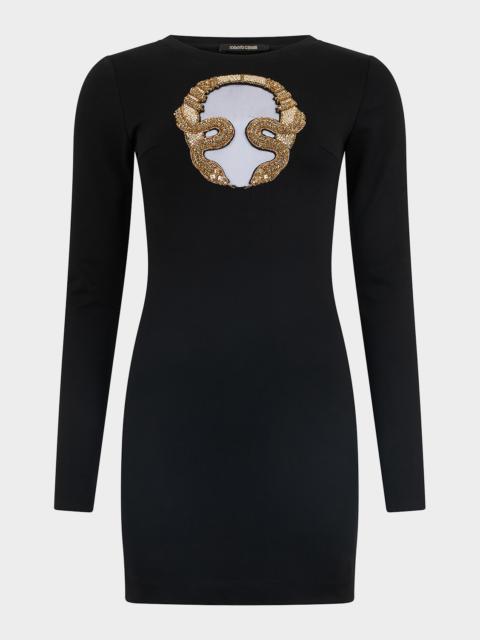 Roberto Cavalli Beaded Cutout Matte Jersey Long-Sleeve Mini Dress