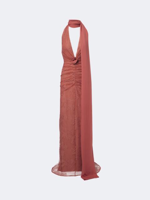 De La Vali Amora ruched scarf-detail lace maxi dress