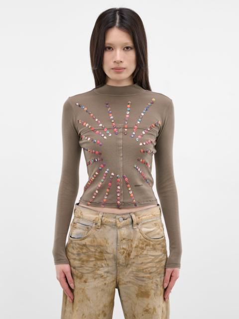 ECKHAUS LATTA Brown Button Lapped Mockneck Tee