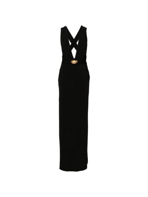 plunging-neck sleeveless gown