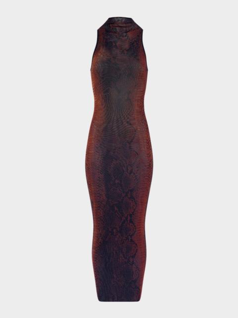 Jean Paul Gaultier Snakeskin-Print Mesh High-Neck Sleeveless Maxi Dress
