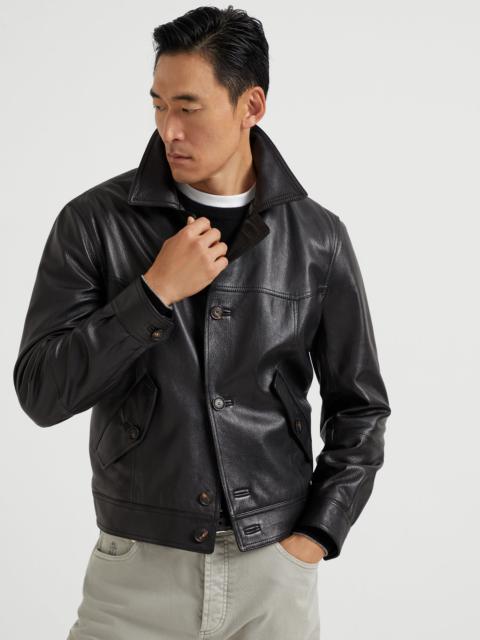 Brunello Cucinelli Grained leather outerwear jacket with camp collar