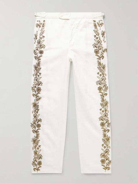 Wheat Flower Straight-Leg Beaded Linen and Cotton-Blend Twill Trousers