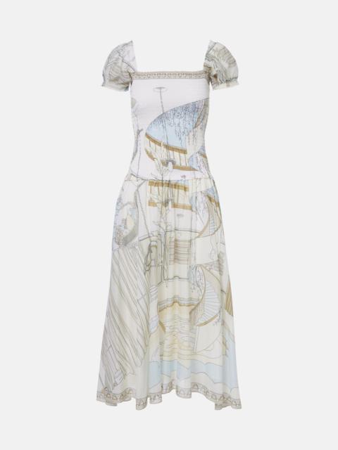 TORY BURCH Printed shirred silk and cotton midi dress