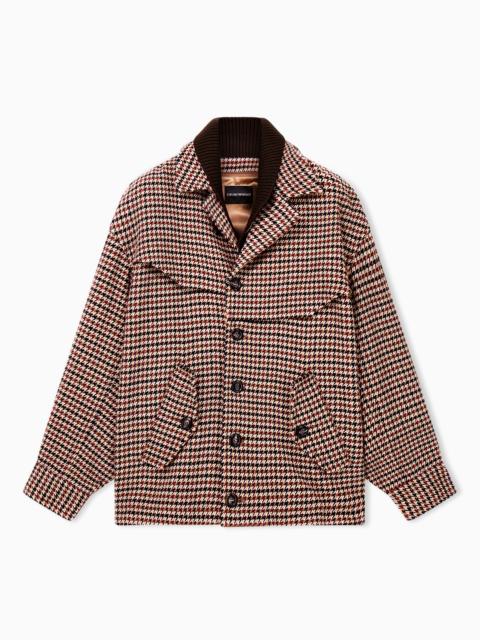 EMPORIO ARMANI CABAN COAT IN HOUNDSTOOTH VIRGIN WOOL WITH A RIBBED COLLAR
