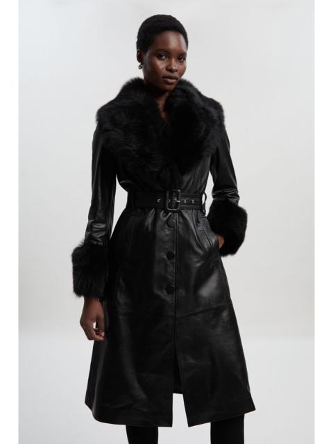 KAREN MILLEN Shearling Cuff And Collar Leather Coat