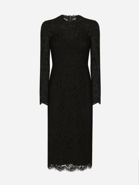 Long-sleeved calf-length dress in branded stretch lace