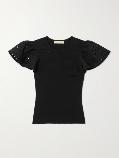 ULLA JOHNSON Edith Embroidered Ruffled Ribbed-knit Top