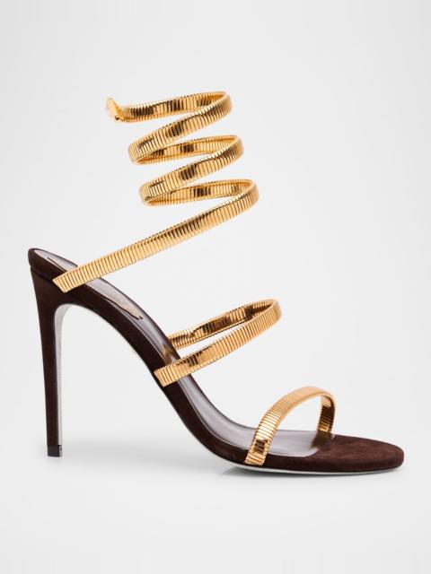 RENE CAOVILLA Meta Snake Spiral-Wrap Suede Sandals