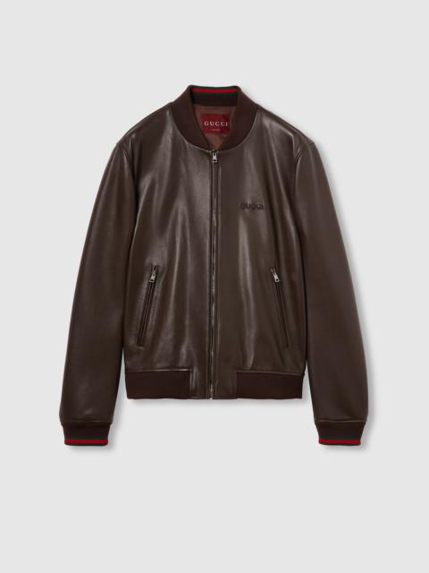 GUCCI Leather bomber jacket with embroidery