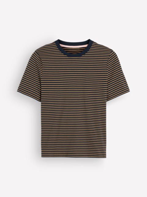 BODEN Cotton Crew Neck T-shirt-Navy and Dijon Stripe