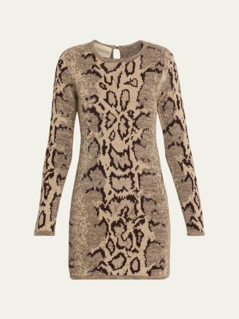 Valentino Ocelot Cashmere Long-Sleeve Mini Sweater Dress