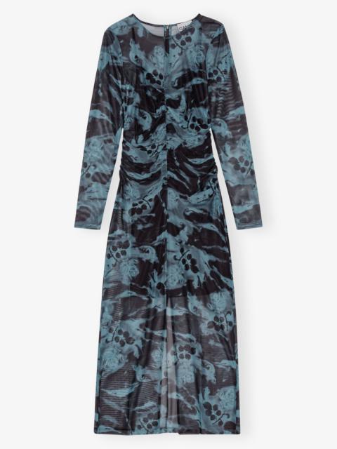 BLUE PRINTED MESH O-NECK RUCHED LONG DRESS