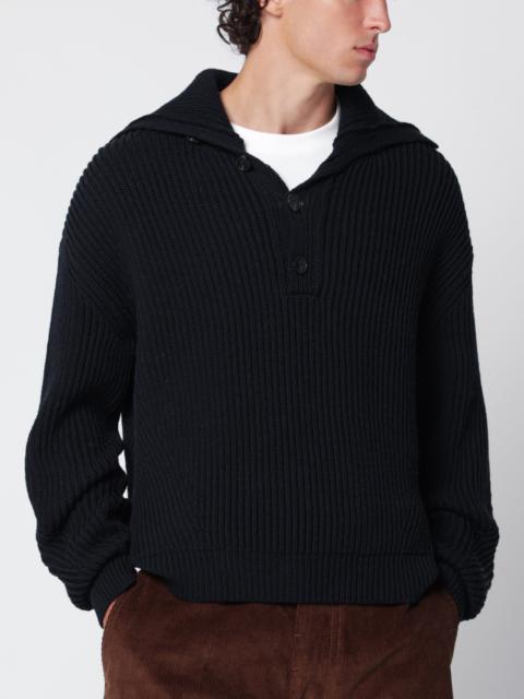 Dries Van Noten Navy blue ribbed sweater in wool