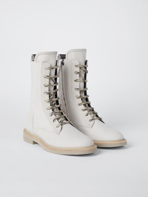 Cotton and linen canvas and calfskin boots with precious detail