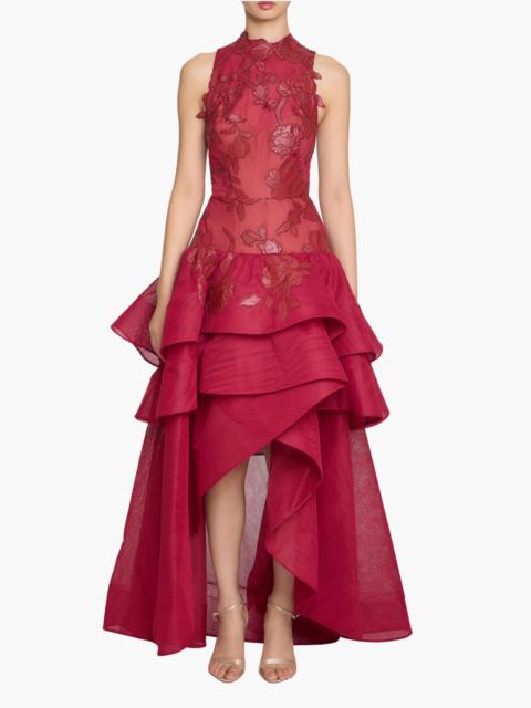 Marchesa LEATHER GUIPURE HIGH NECK SLEEVELESS TIERED GOWN