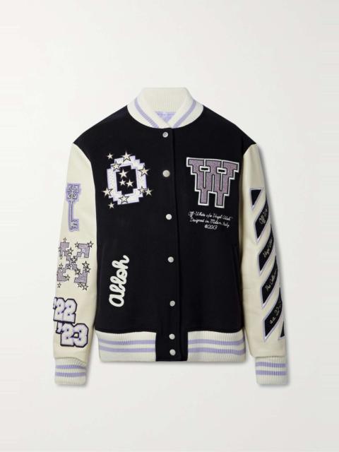 Off-White Appliquéd embroidered wool-blend and leather bomber jacket