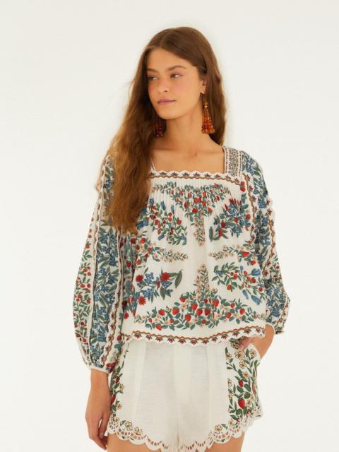 FARM RIO Off-White Fruit Beauty Scarf Organic Cotton Long Sleeve Blouse