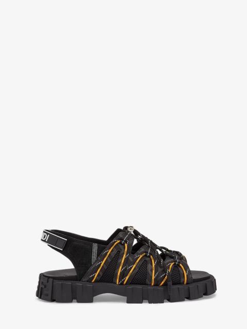 FENDI Black leather and tech mesh sandals