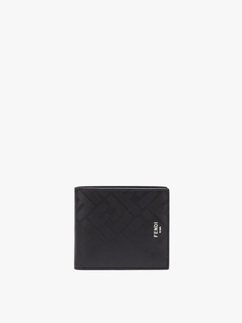 Wallet with eight interior card slots and two compartments for banknotes. Made of black leather with