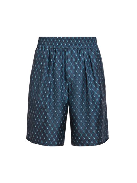 Balmain Men's Grid-Print Silk Relaxed-Fit Shorts - Bleu Nuit Bleu Ciel
