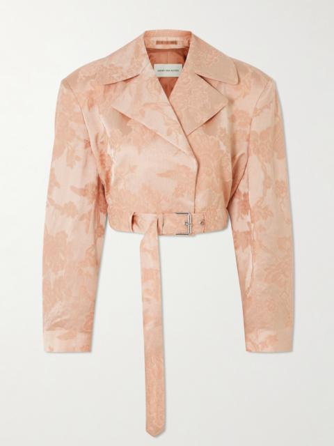 Dries Van Noten Belted Cropped Floral-jacquard Linen-blend Jacket