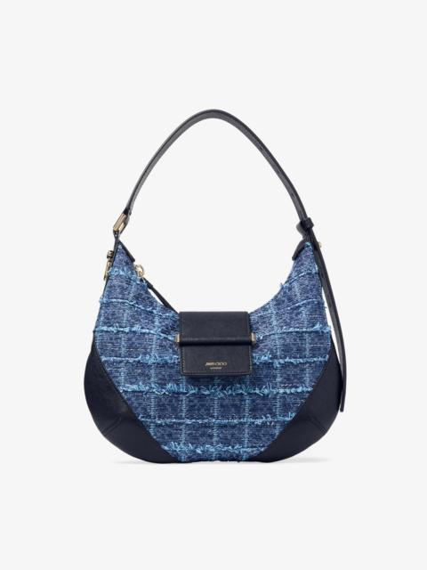 JIMMY CHOO Bar Hobo Small Marine Crosshatch Denim Fabric Shoulder Bag with Biker Leather Trim