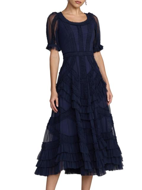 MAC DUGGAL Women's Mesh Ruffled Scoopneck Midi-Dress - Indigo