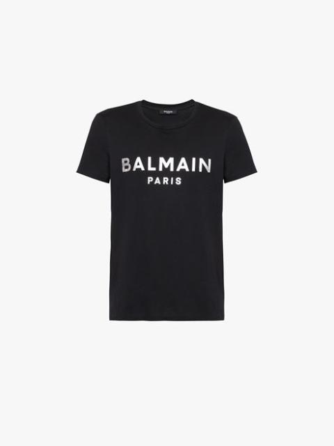 Balmain Black eco-designed cotton T-shirt with silver Balmain Paris logo print