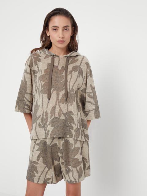Magnolia print linen and silk hooded sweater with monili