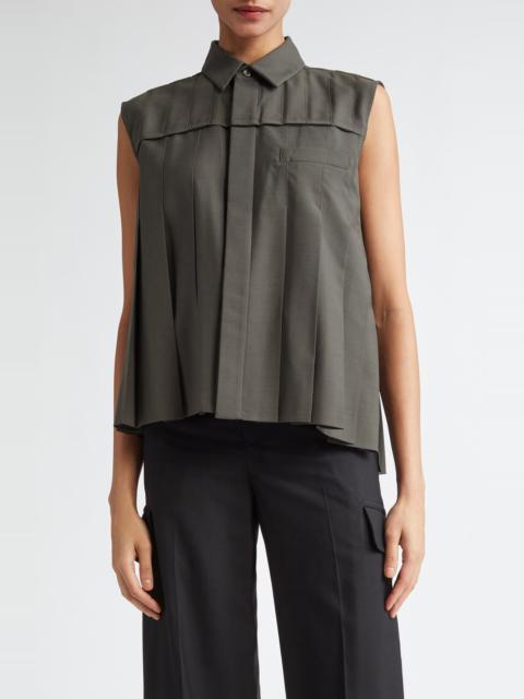 Sacai Suiting Sleeveless Pleated Button-Up Shirt in Khaki at Nordstrom