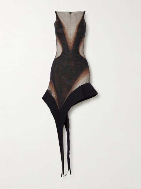 MUGLER Asymmetric Scuba-trimmed Stretch-tulle Mini Dress