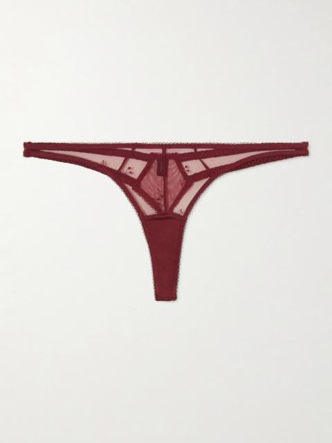 KIKI DE MONTPARNASSE Cerise Embroidered Mesh Thong