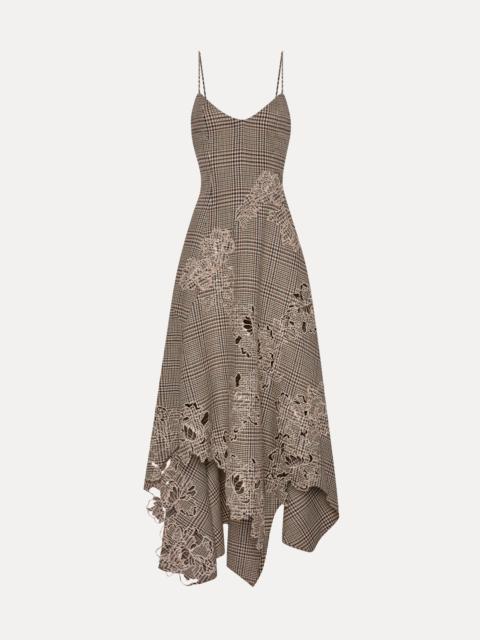 Oscar de la Renta PEONY GUIPURE APPLIQUÉ PLAID V-NECK DRESS