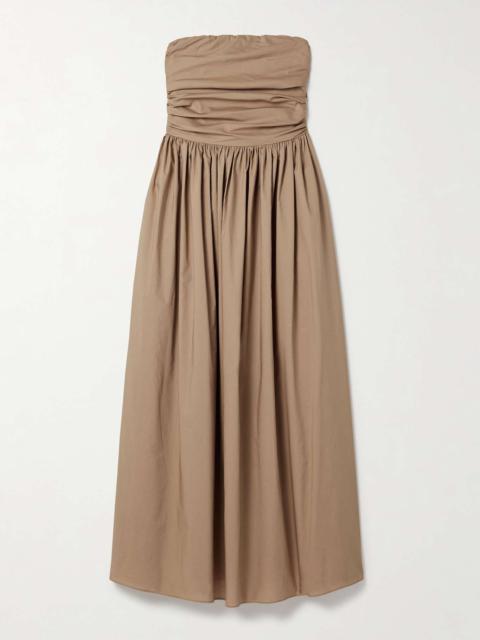 MATTEAU Strapless gathered organic cotton-poplin midi dress Beige