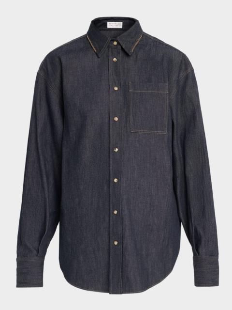 Brunello Cucinelli Monili-Trim Denim Oversized Shirt