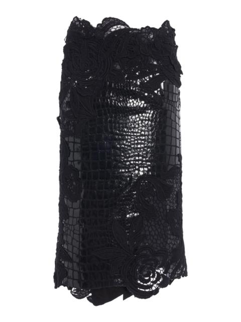 Guipure Lace and Croc-Effect Midi Skirt black