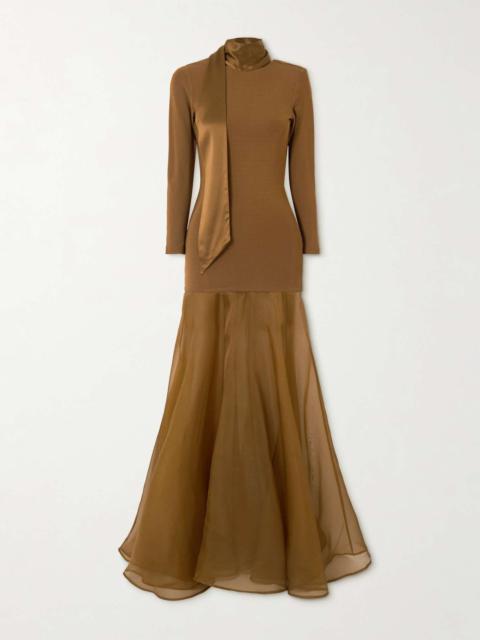 ESSE Studios Aire scarf-effect satin-trimmed stretch-knit and silk-organza maxi dress Brown