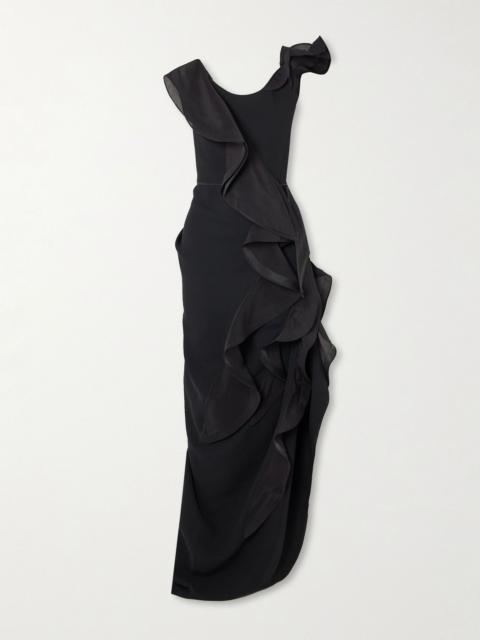 MATICEVSKI Satellite Wave asymmetric ruffled organza-trimmed crepe gown Black