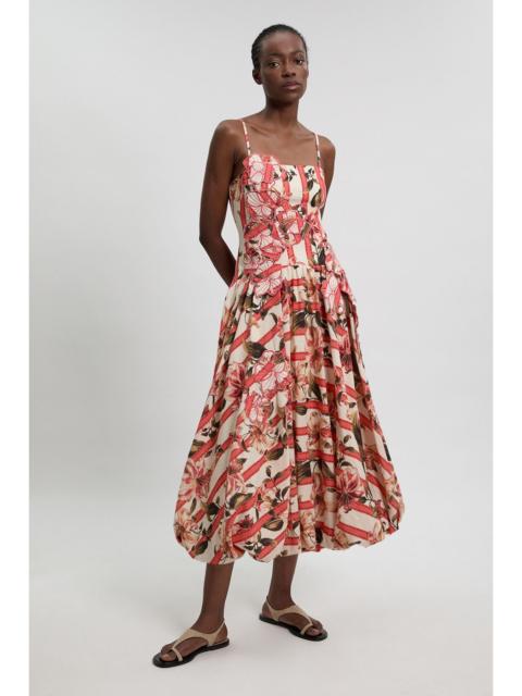 KAREN MILLEN Cotton Linen Printed 3D Floral Bubble Hem Midi Dress
