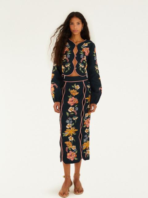 FARM RIO Dark Blue Maira Floral Euroflax Premium Linen Midi Skirt