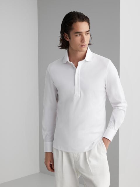 Cotton jersey long sleeve polo with shirt-style collar