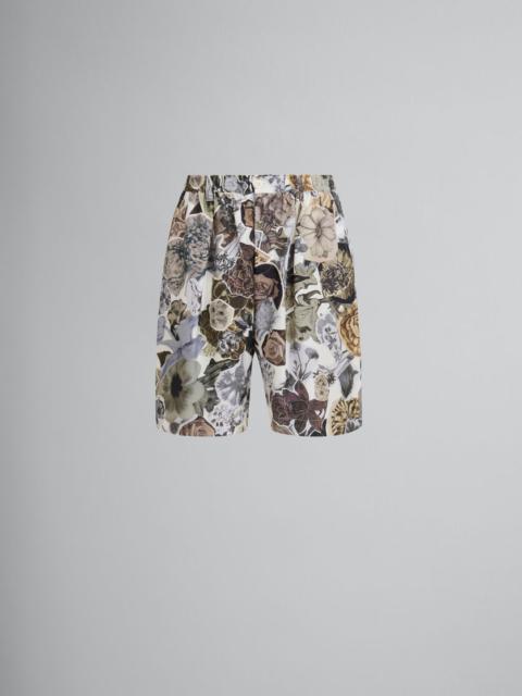 Marni BLACK AND WHITE HABOTAI SILK DRAWSTRING SHORTS WITH NOCTURNAL PRINT