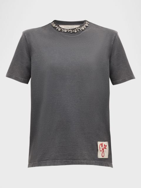 Golden Goose Distressed Crystal Embroidered Crewneck Tee