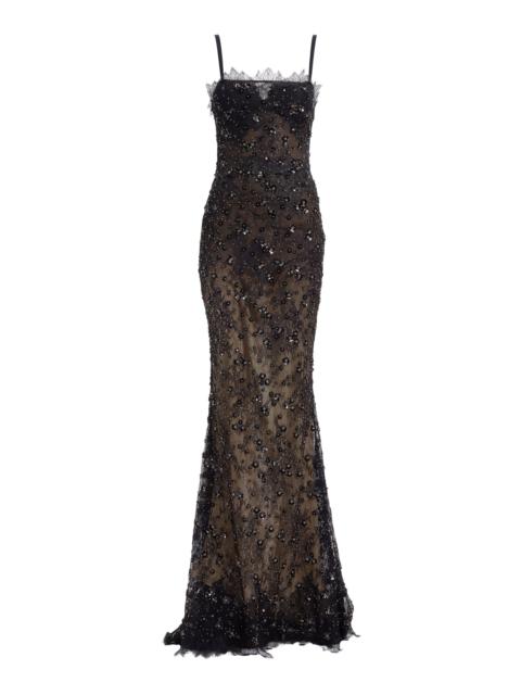 ELIE SAAB Sleeveless Embroidered Lace Gown black