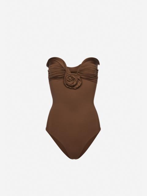 Sculptural rose bustier swimsuit in brown