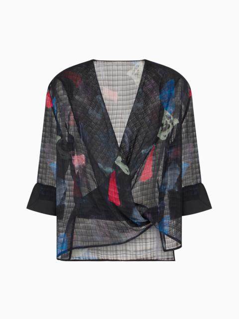 EMPORIO ARMANI SILK BLOUSE WITH TORCHON WITH MICRO CHECK MOTIF AND ABSTRACT PRINT