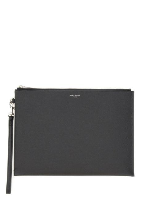 SAINT LAURENT PORTA TABLET CON ZIP IN PELLE GOFFRATA GRAIN DE POUDRE